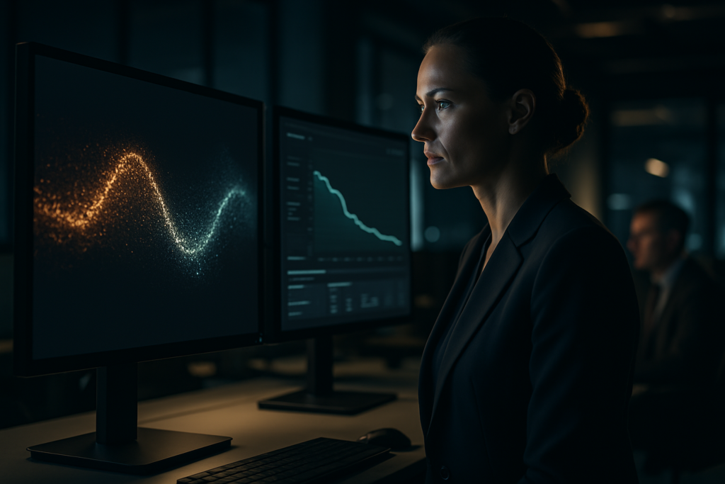 ""High-impact, cinematic corporate photography, ultra-realistic, dramatic studio lighting. Focus on a high-tension conceptual insight involving a motion-design micro-animation displayed as a glowing abstract sequence and a service desk dashboard showing declining incident volumes, integrated subtly into a modern enterprise environment. People allowed, but must be highly professional and subtly integrated. NEGATIVE: NO visible text, NO logos, NO typography, NO signs, NO hands (unless perfect), NO blurry faces, NO casual office look, NO low contrast, NO artifacts.""