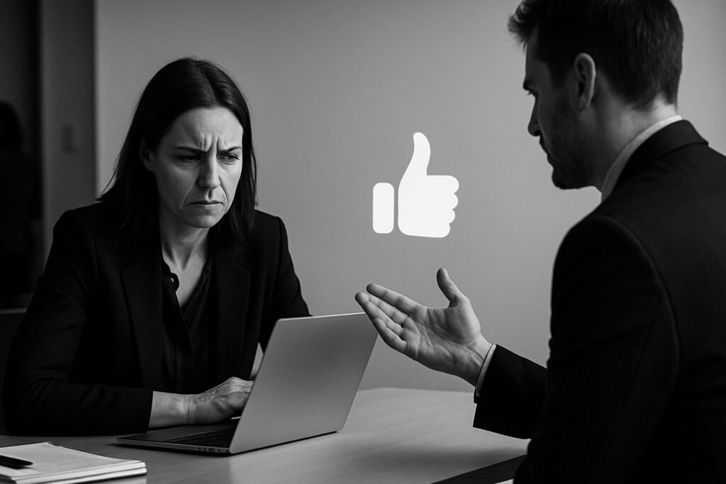"Ultra-realistic, museum-grade editorial photography, 16:9. Scene Type: Behavioral. Camera: off-center asymmetric framing. Artistic Treatment: dominant negative space. Depict unresolved tension involving emotional signals stripped of context, digital reactions misaligning with real sentiment, and fragmented workplace cues. Composition is asymmetrical and partially abstracted. Lighting is precise and sculptural. Mood: elegant, restrained, quietly confrontational. NEGATIVE: no posed people no smiles no centered framing no text no logos no readable screens or UI no generic office scenes"